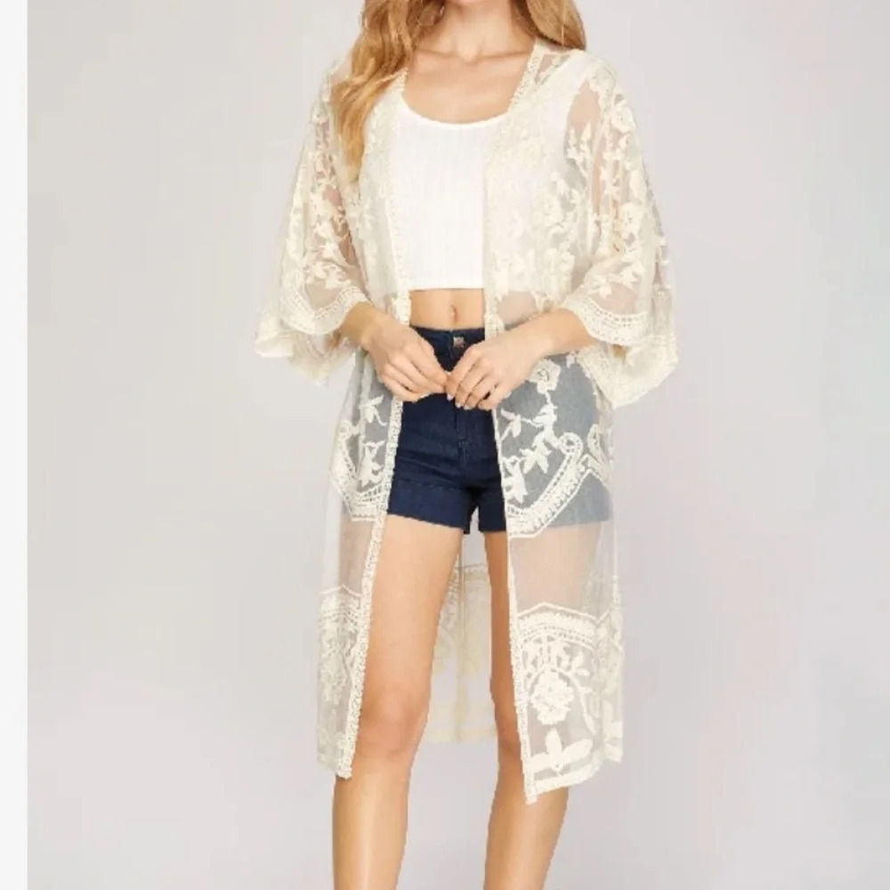 She + Sky Lace Midi Long Kimono Cardigan - Cream - Picture 1 of 8